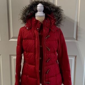 Red Ruff Hewn Hooded Parka With Fur Trim
